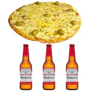 3 Porrón Budweiser 355ml + 1 Pizza Muzarella