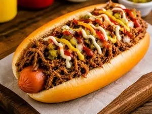 Super pancho con carne desmechada