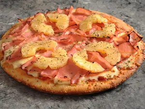 Muzza, jamón y ananá indi