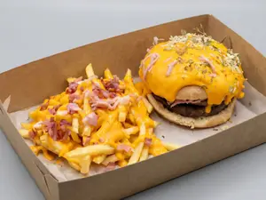 Hamburguesa bañada + papas