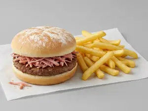 Hamburguesa con jamón y queso + papas cheddar
