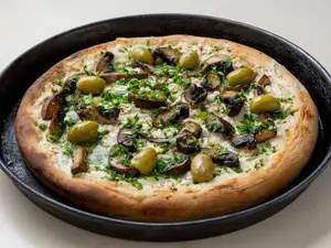 Pizza de hongos, quesofu vegan
