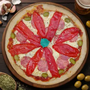Pizza calabresa con morrón