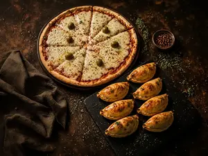 Pizza muzza grande y 6 empanad carne
