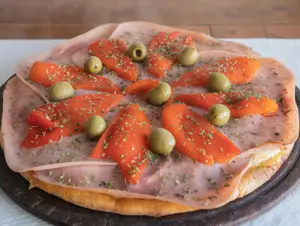 Pizza con jamón y morrones