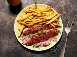 Jamon y morron con guarnicion