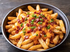 Papas cheddar,panceta y verdeo