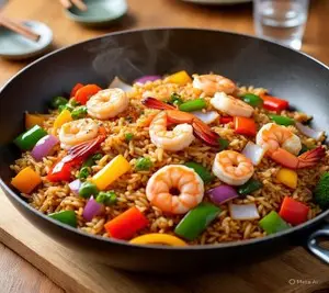 Wok de langostinos y arroz