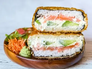 Salmon burger sushi